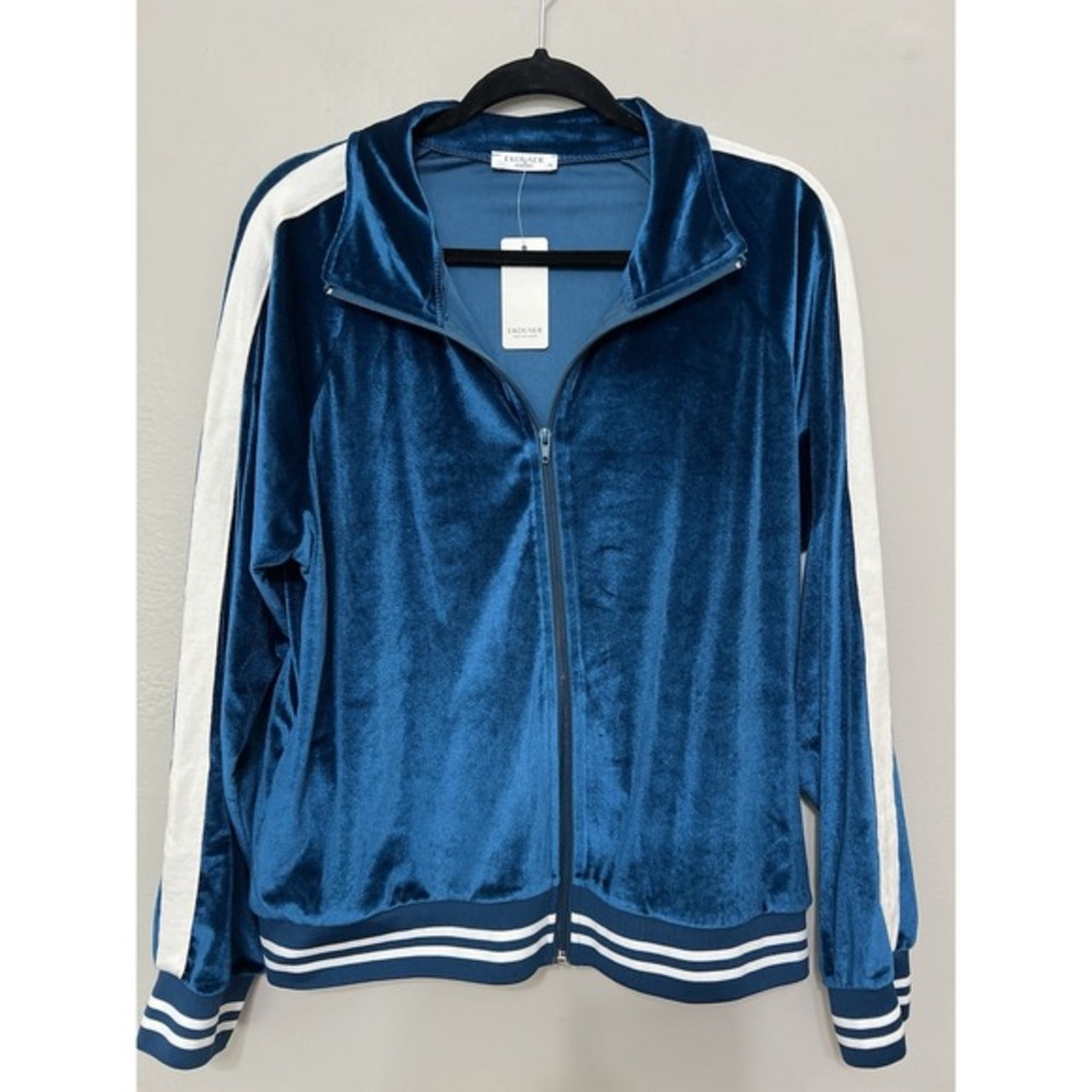 EKOUAER‎ Teal Velvet Track Jacket Zip Up Athletic Sporty Stripes Size XL